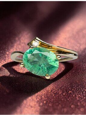10K Gold- Natural Colombian Emerald & Diamond Ring -Size 8 -1ct Bypass Ring 2.2g
